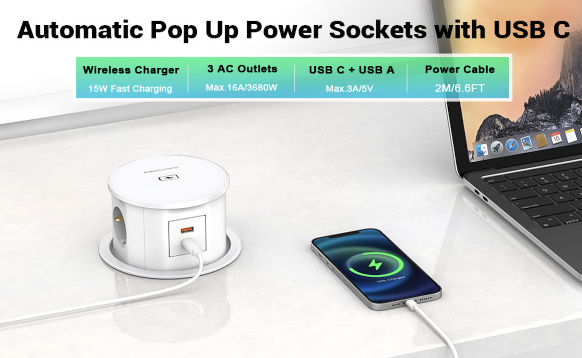 Automatic Pop up Power Outlet with 15W Wireless Charger,Pop up